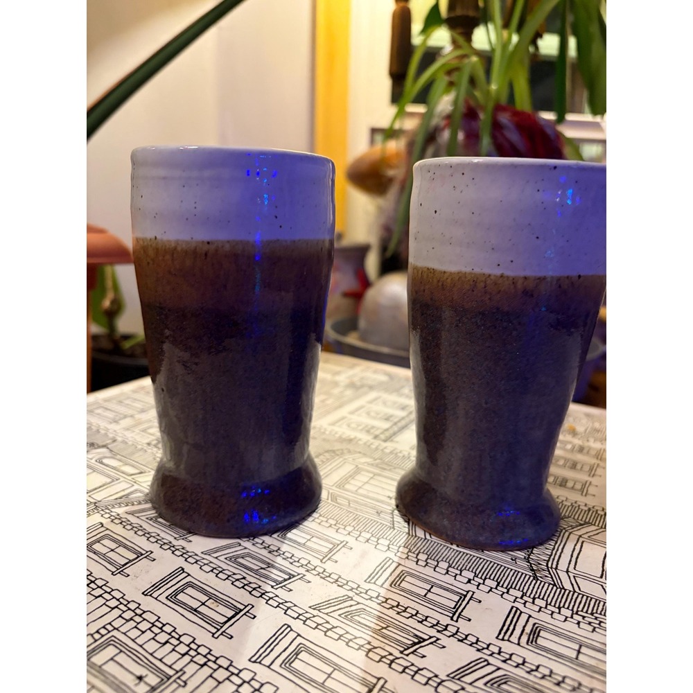 Vintage Studio Pottery Set 2 Hand Thrown Ceramic Mugs Brown Ombre Stoneware
